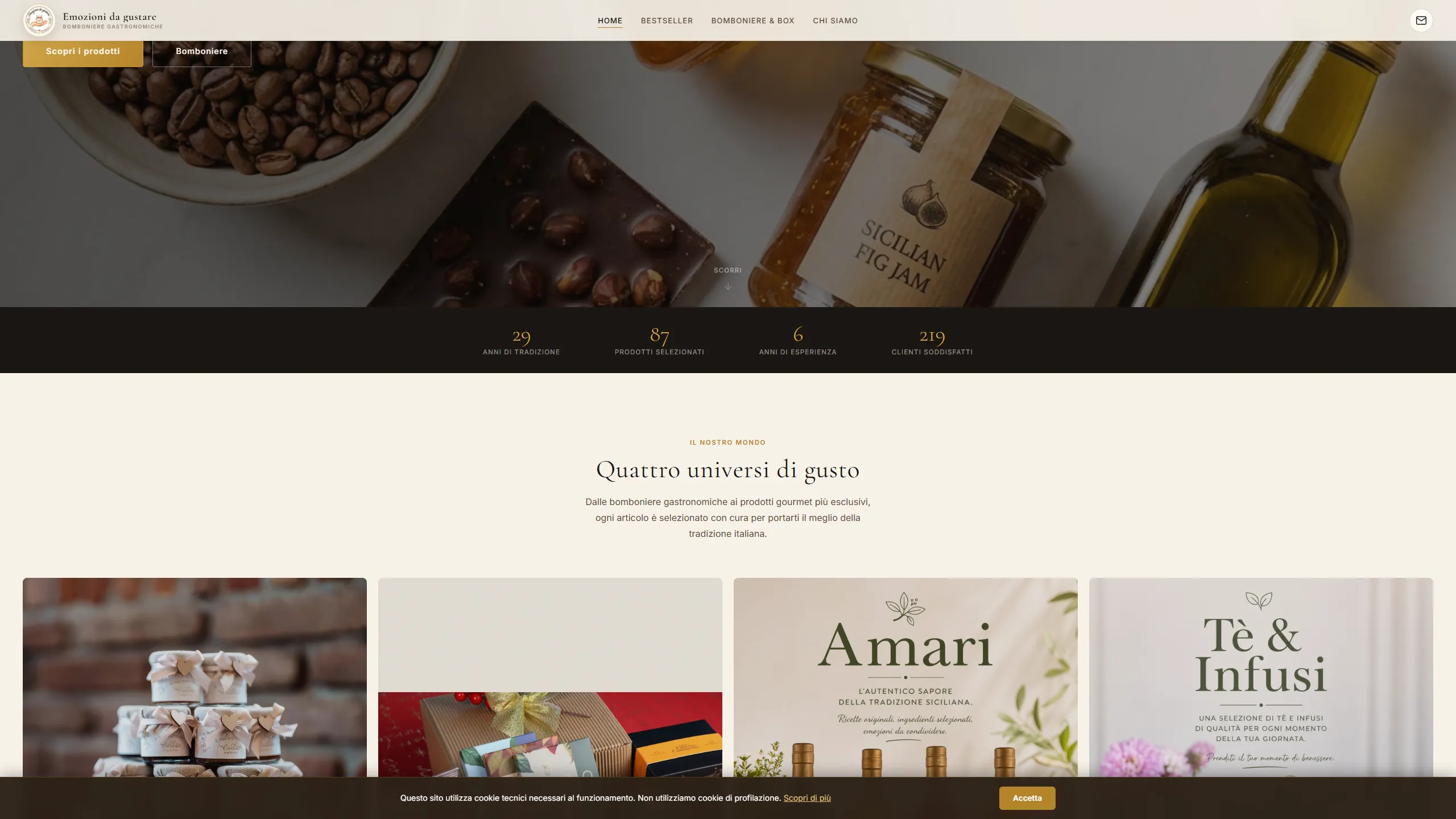 Homepage Emozioni da Gustare che guida verso catalogo e configuratore