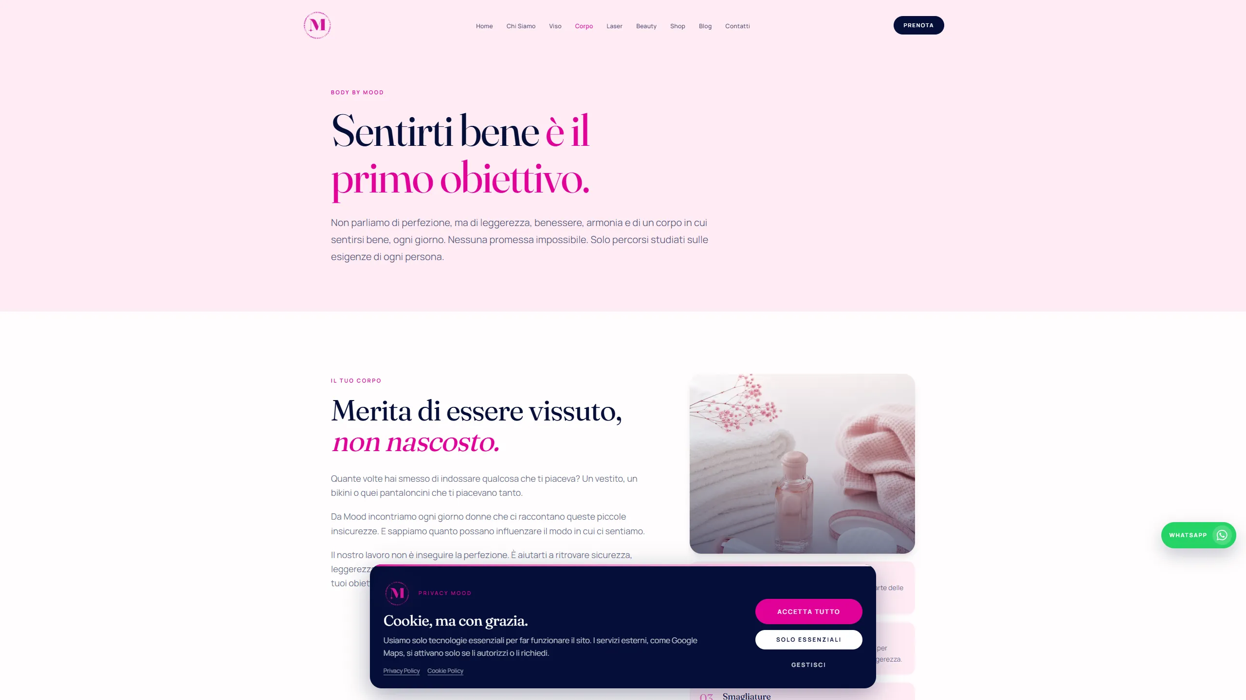 Pagina Corpo di Mood Beauty Lab con headline sul benessere