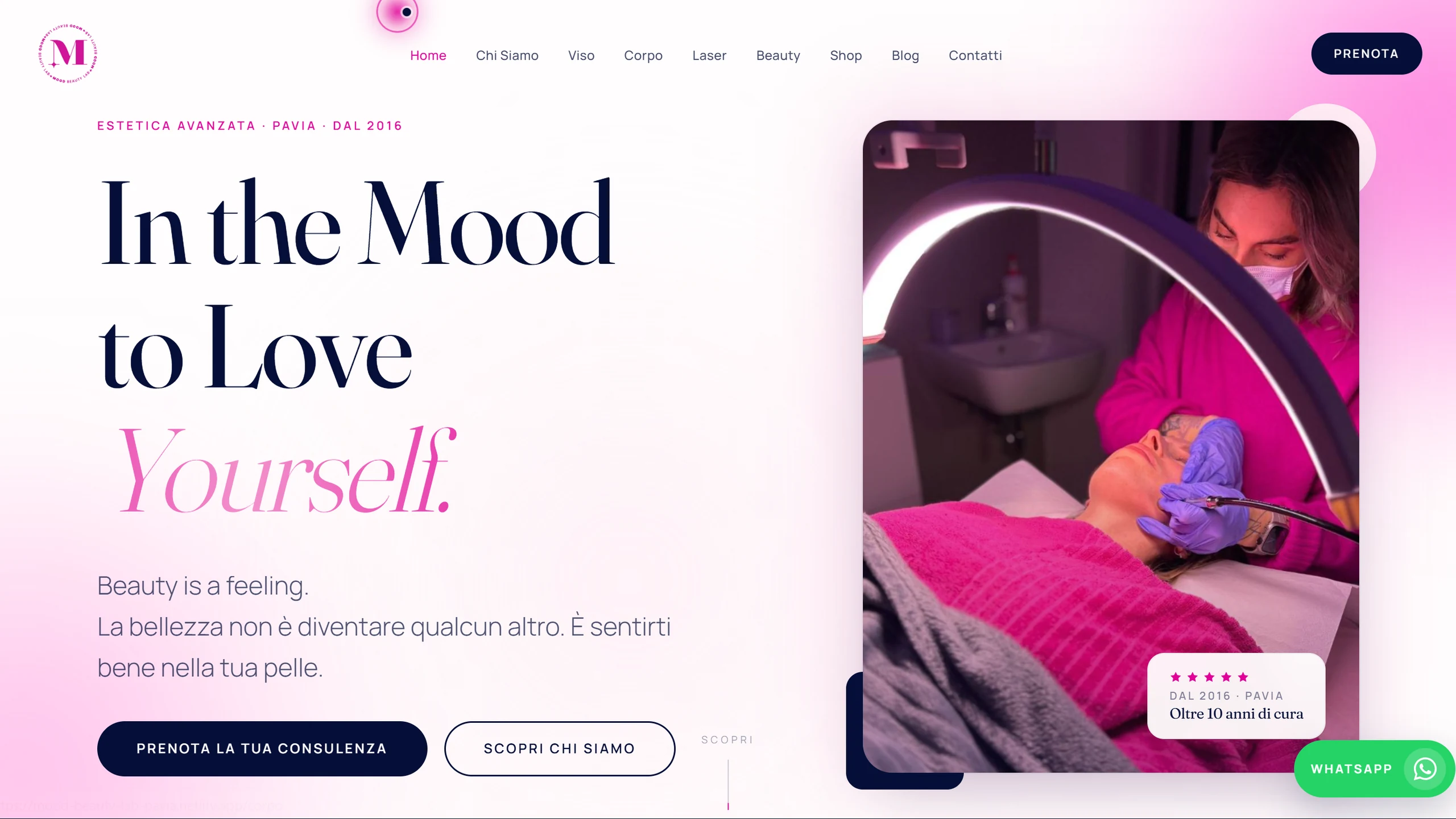 Homepage Mood Beauty Lab con hero emozionale e prenotazione consulenza