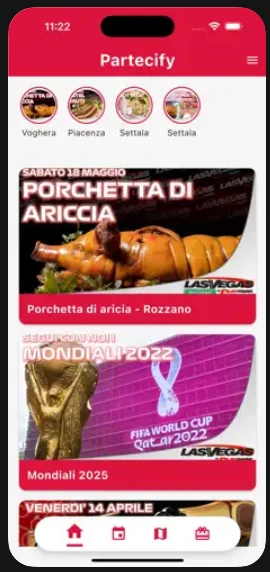 Home Partecify con eventi in evidenza e sedi